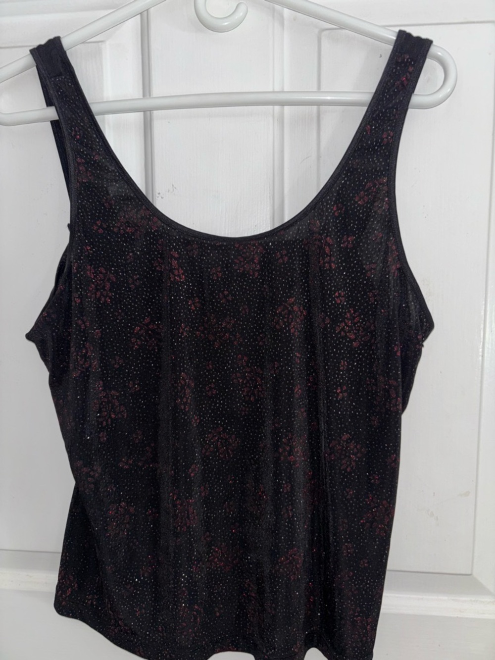 Vintage Intimate Illusions Black Sparkly Tank Top w/Red Floral Pattern